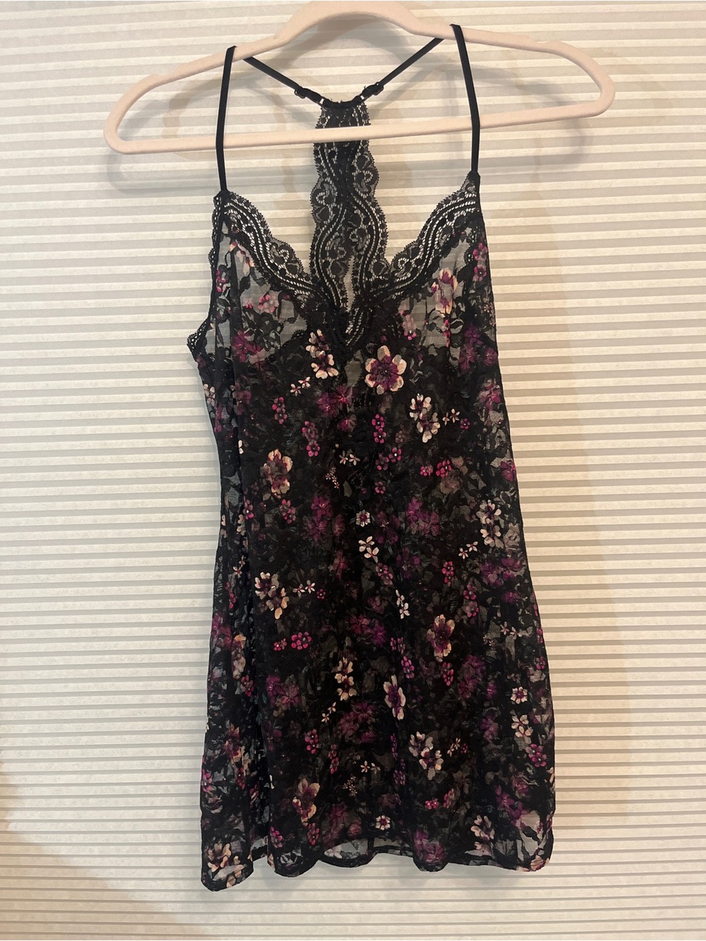 Black Lace Floral Slip with Purple Accents